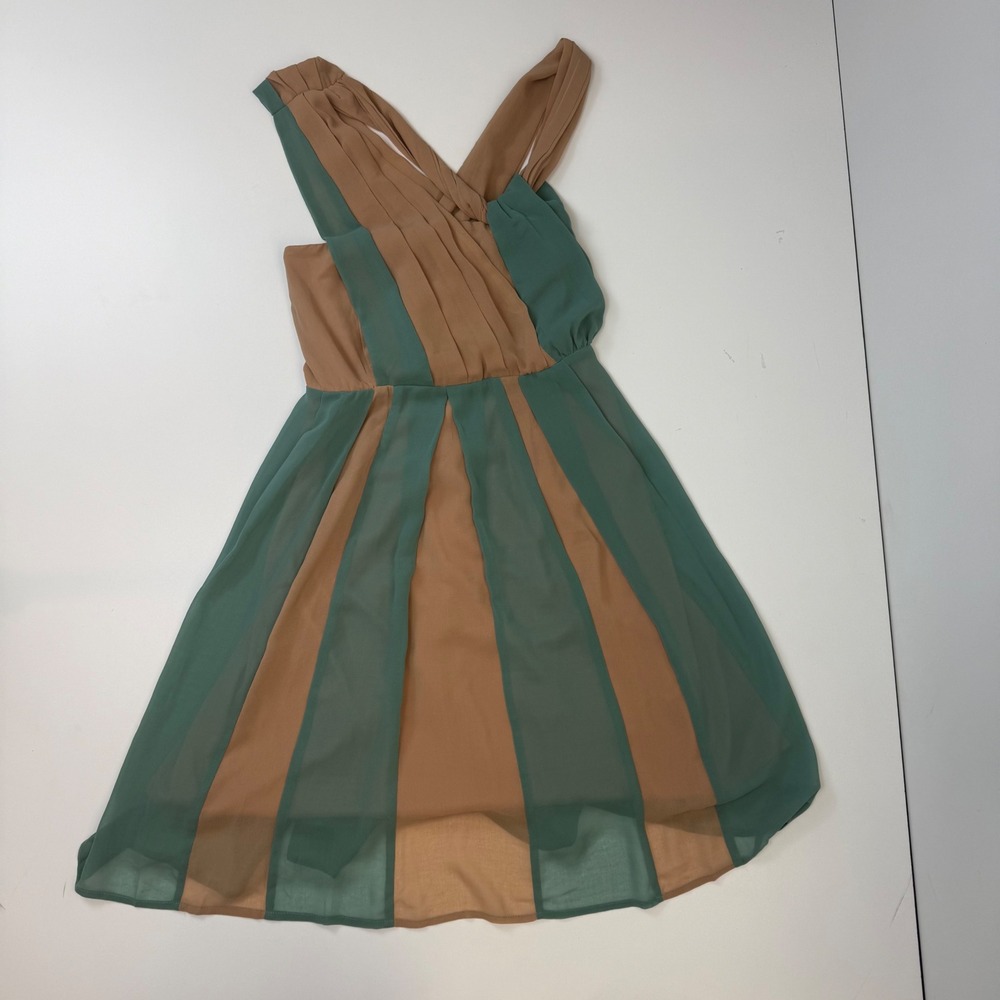 Ryu Sage Green Tan Chiffon Colorblock Pleated Smocked Mini Dress Womens